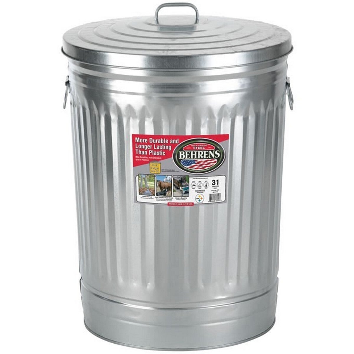 Behrens Galvanized Steel Trash Can with Lid, Silver, 31 gal